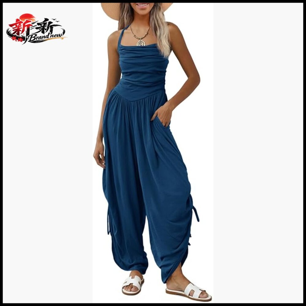 Polyester Viscose Elastane Halter Strap Side-Cinch Wide Leg Jumpsuit